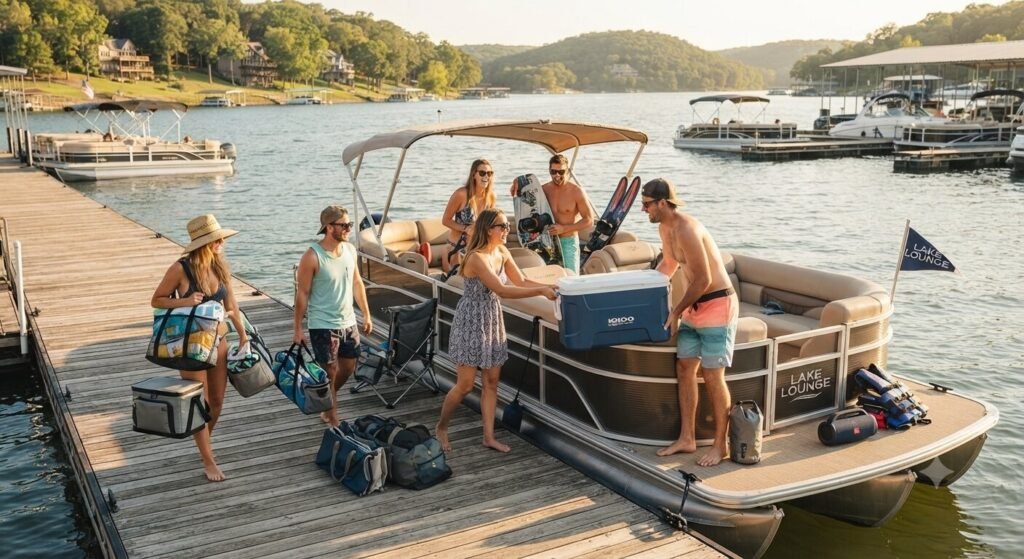 bachelor party group boarding boat with packed cooler gear