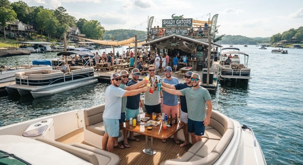 bachelor party group drinks waterfront bar Lake Ozark