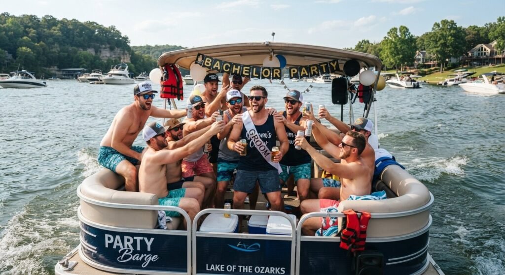 bachelor party group enjoying pontoon boat rental at Lake of the Ozarks
