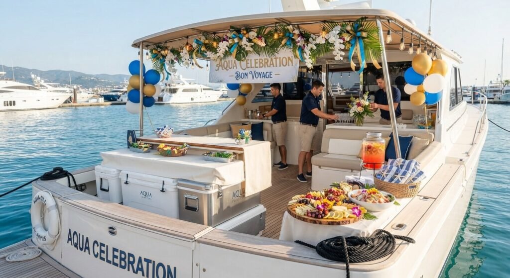 bachelorette boat setup catering decorations Lake Ozark