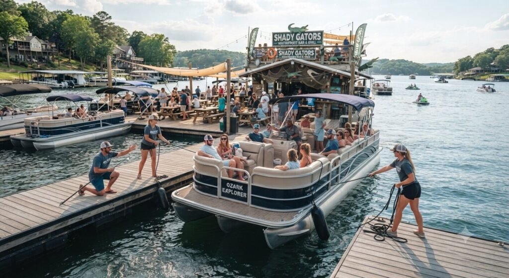 boat docking waterfront bar bachelor party Lake Ozark