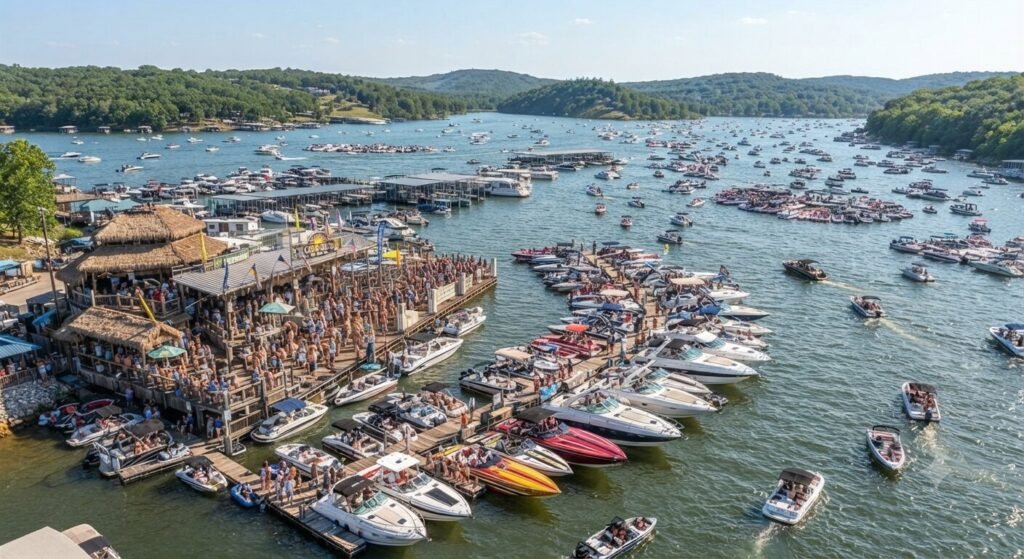 boats docked near Coconuts Bar and Grill aerial view lake ozark