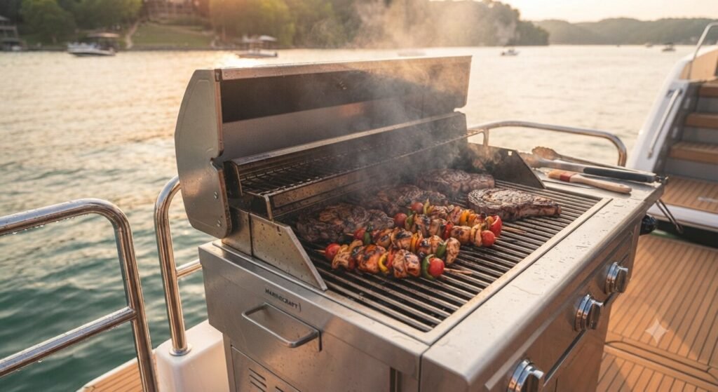 built in grill cooking steaks on luxury charter boat deck