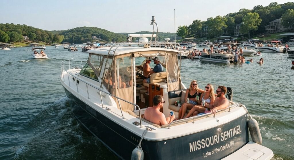 cabin cruiser cruising near Party Cove Lake of the Ozarks
