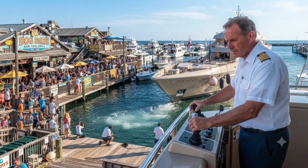 captain docking yacht at Dog Days Bar and Grill