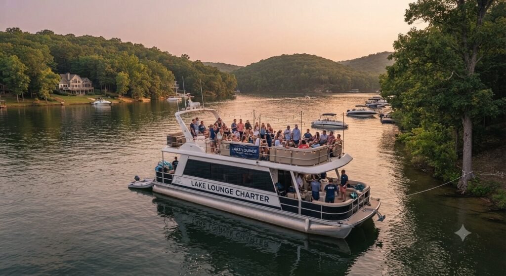 charter boat anchored safely at calm cove Lake of the Ozarks