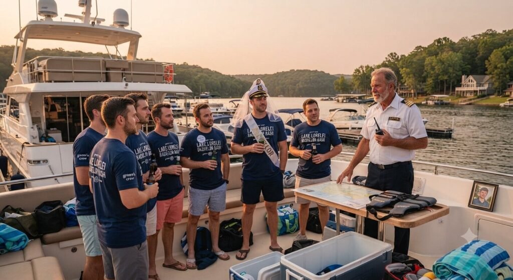 charter boat captain giving safety briefing to bachelor party group