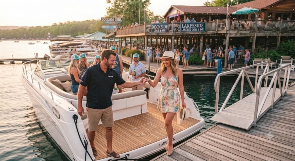 charter captain helping guests dock at waterfront bar Lake of the Ozarks.