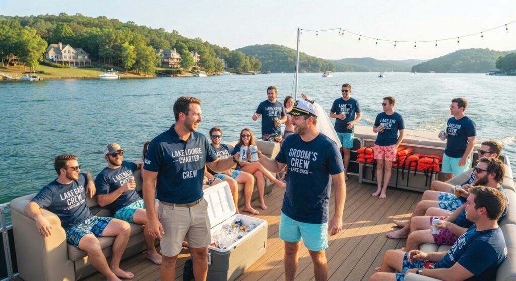 charter crew and bachelor party group enjoying smooth boat day