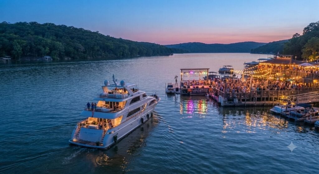 charter yacht cruising to live music venue evening Lake Ozark