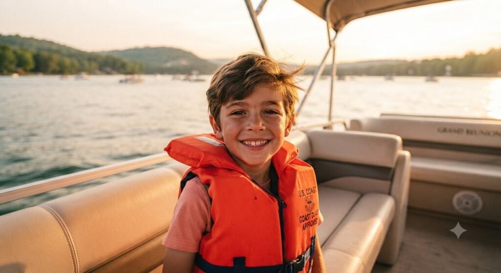 child wearing life jacket family boat trip Lake Ozark safety.