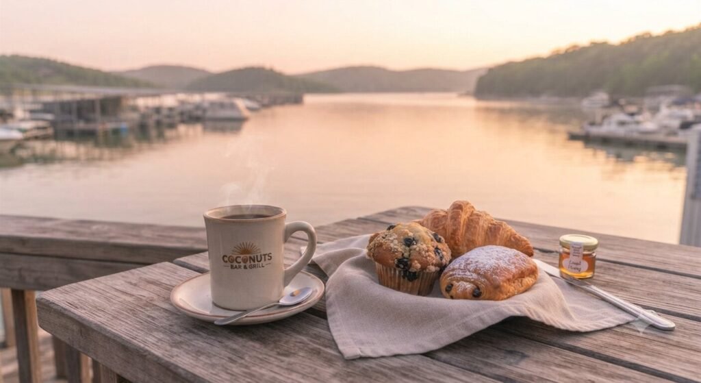 coffee and pastries at lakeside dock Lake Ozark