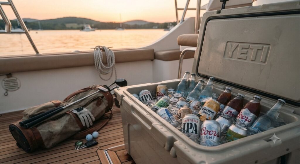 cooler of cold drinks on yacht charter after golf bachelor party