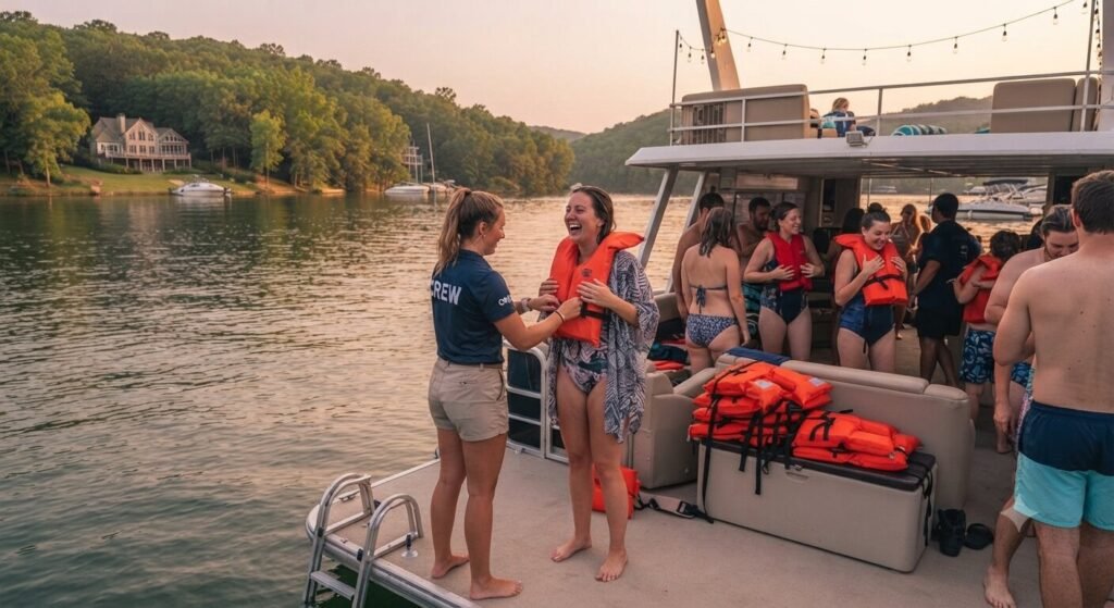 crew member assisting bachelor party guests with life jackets