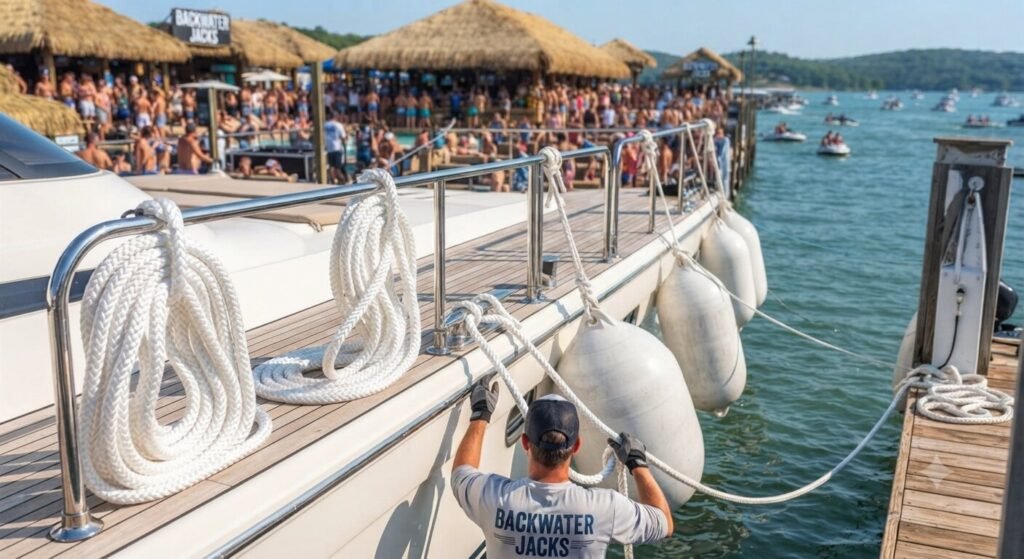 dock lines and fenders ready for large boat docking Lake Ozark