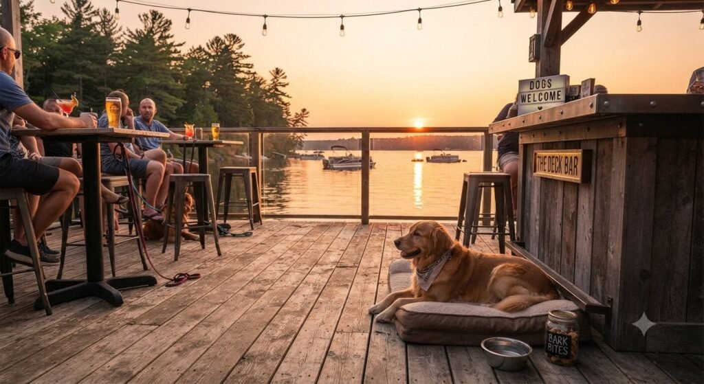 dog friendly deck sunset view Lake of the Ozarks waterfront bar