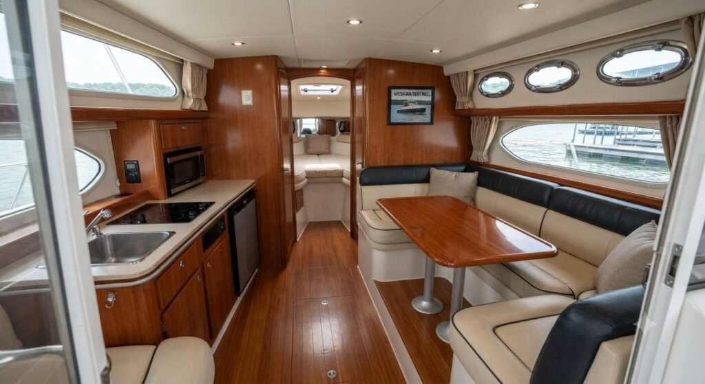enclosed cabin interior seating on heavy duty cruiser boat