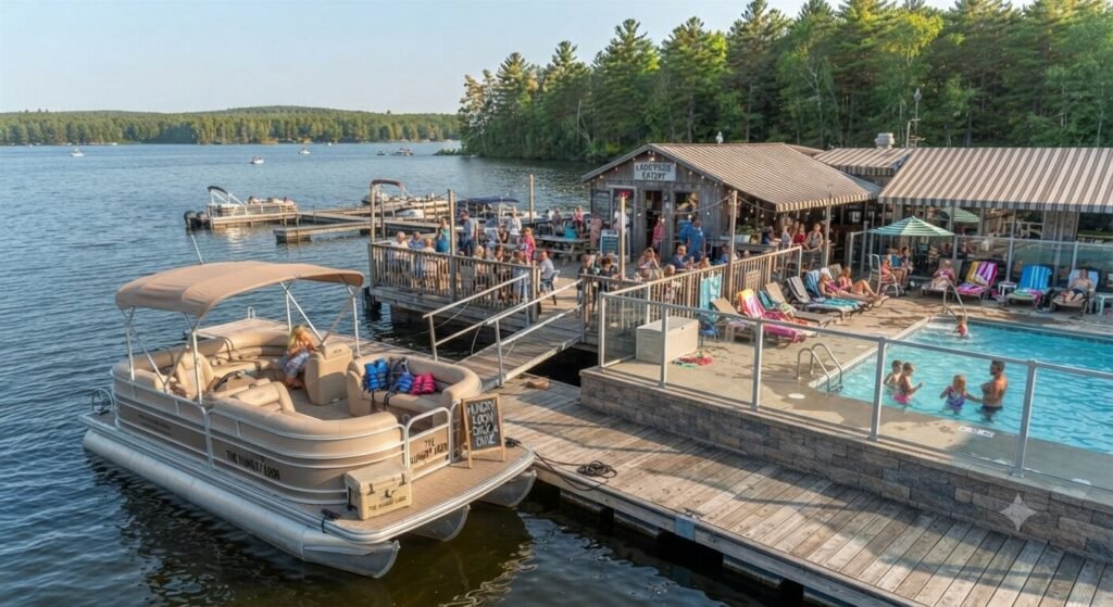 family boat trip dock stop pool area Lake Ozark restaurant