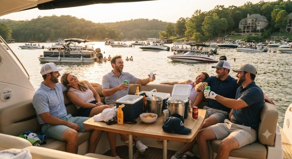 friends relaxing on yacht deck at Party Cove after golf round