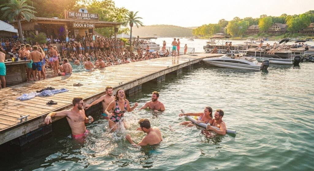 friends swimming near boat dock at lake waterfront pool bar