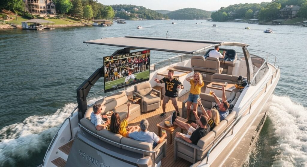 friends watching live sports on yacht deck Lake of the Ozarks