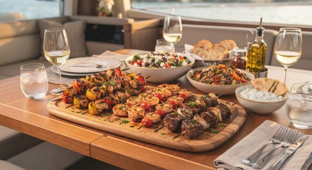 grilled skewers and sides served on private yacht charter table
