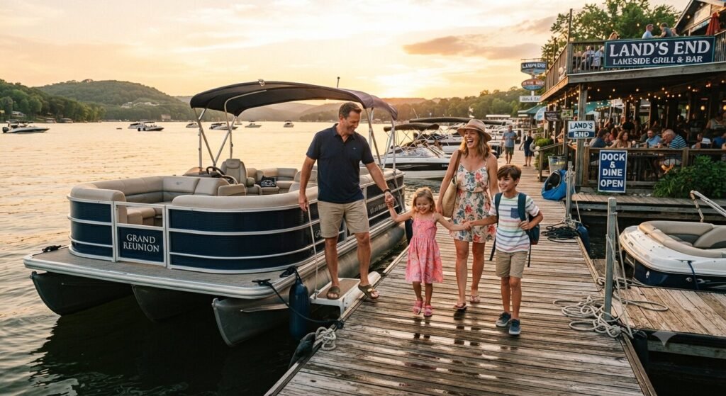 kid friendly lakeside restaurant boat slip Lake of the Ozarks family boarding dock.