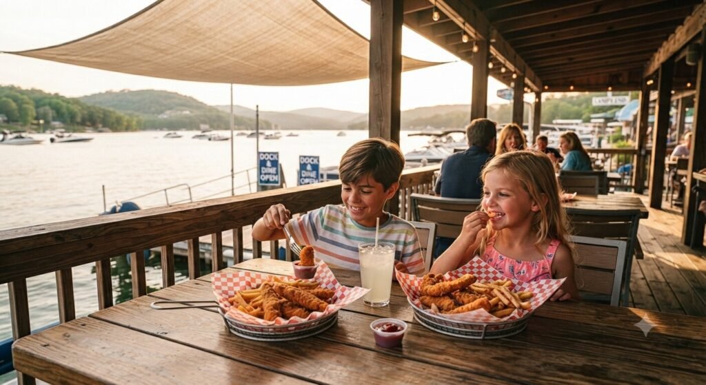 kids menu at kid friendly waterfront restaurant Lake Ozark patio seating.