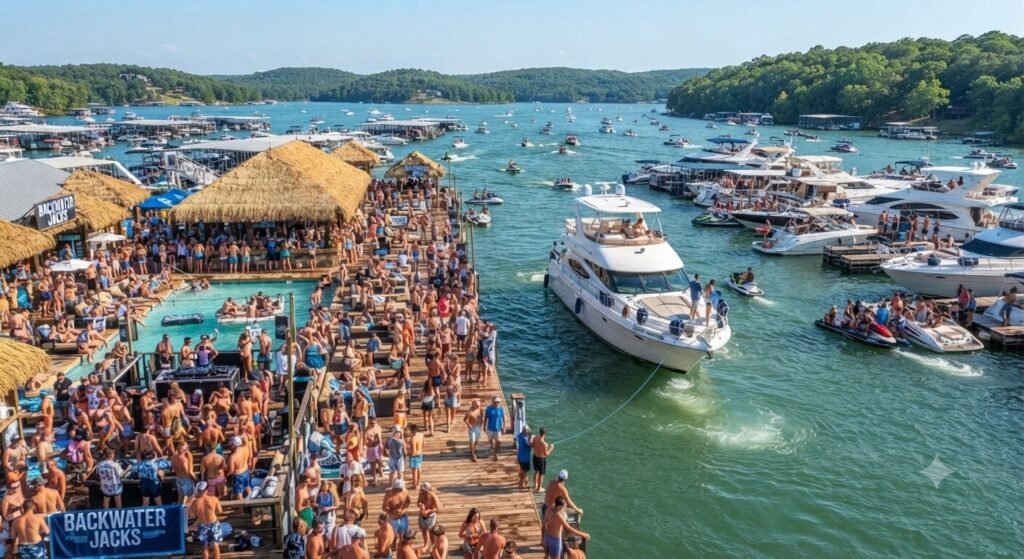 large boat approaching dock at Backwater Jacks Lake Ozark
