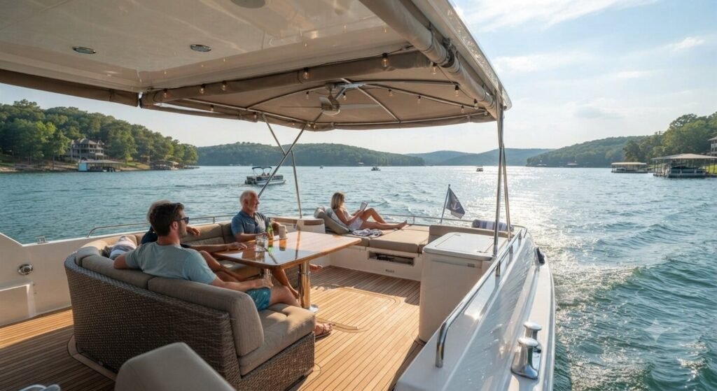 luxury yacht covered seating rough water Lake Ozark