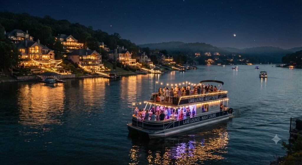 nighttime boat cruise past lit shoreline homes Lake of the Ozarks