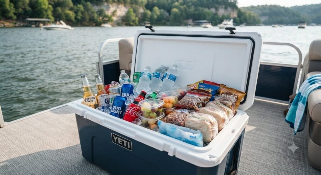 packed cooler with drinks and snacks for lake ozarks boat day budget
