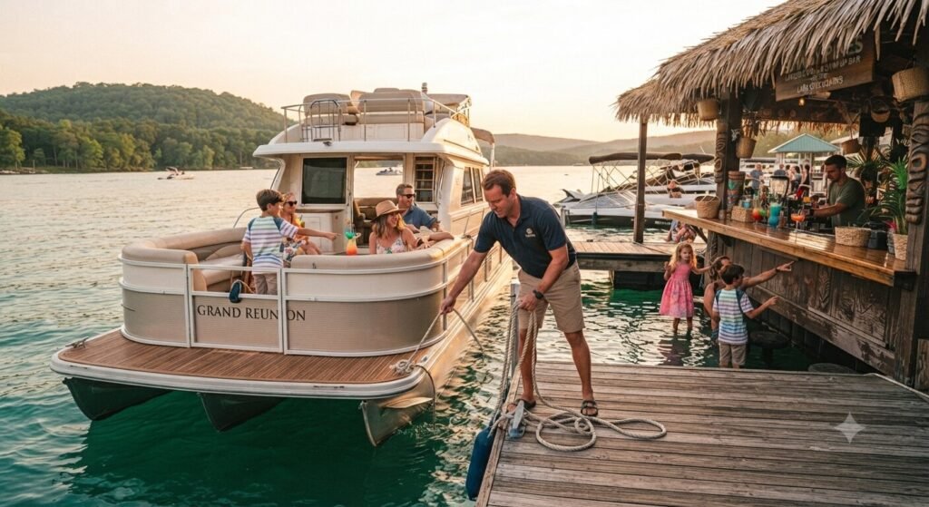 pontoon rental docking at swim up bar Lake of the Ozarks charter.