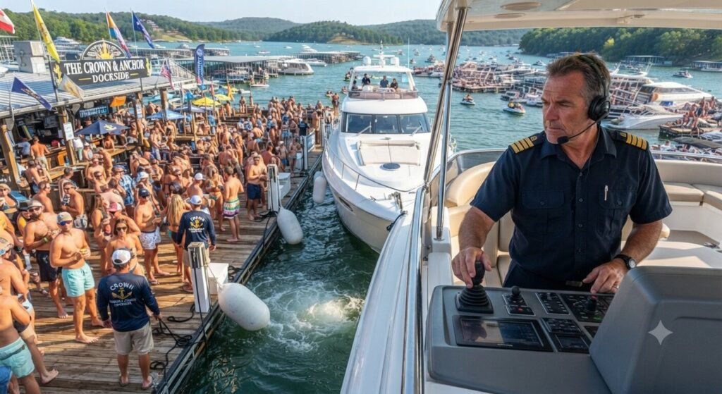 professional captain docking large yacht at Backwater Jacks