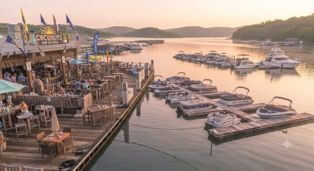 quiet morning dock breakfast restaurant Lake of the Ozarks