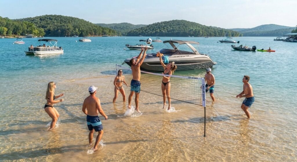 sandbar volleyball bachelor party Lake of the Ozarks