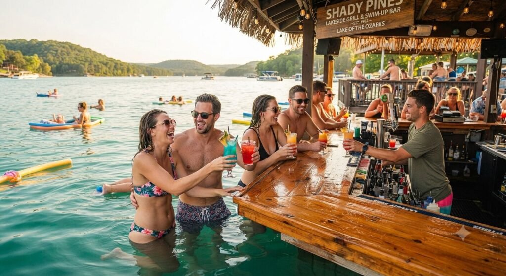swim up bar Lake of the Ozarks guests ordering drinks in shallow water.