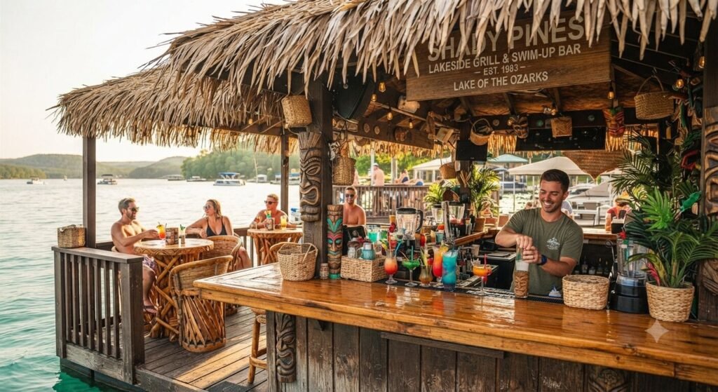 tiki style swim up bar floating seating Lake of the Ozarks.
