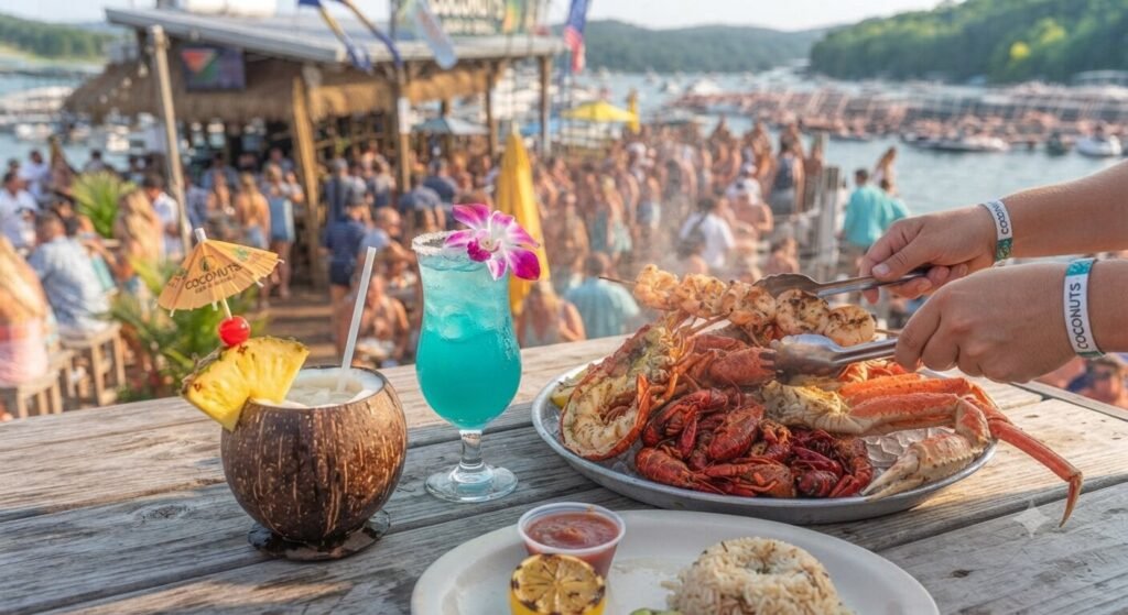 tropical drinks and seafood at Coconuts Bar and Grill