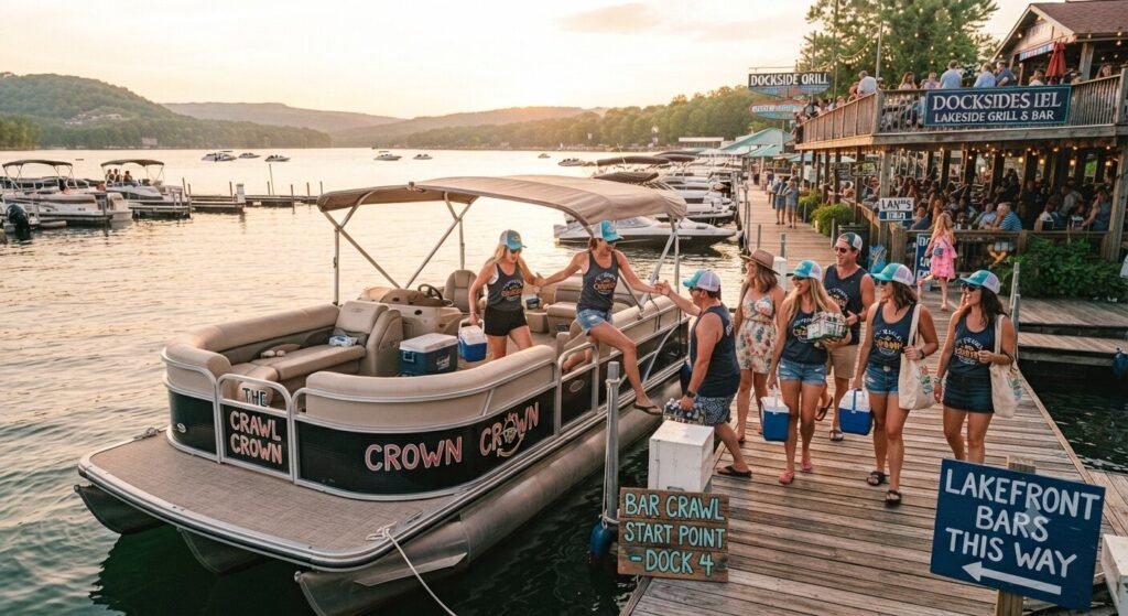 water bar crawl Lake of the Ozarks group boarding pontoon at marina dock.