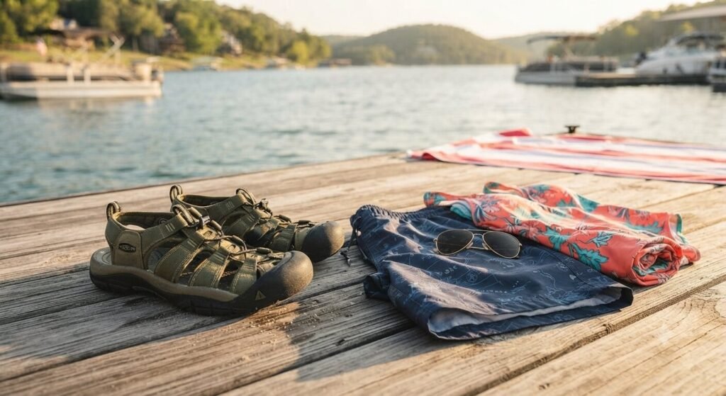 water shoes and swimwear packed for lake ozarks bachelor trip