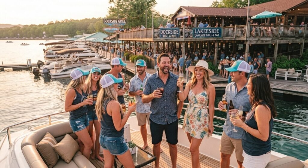 waterfront bar stop during 4 hour water bar crawl Lake Ozark.