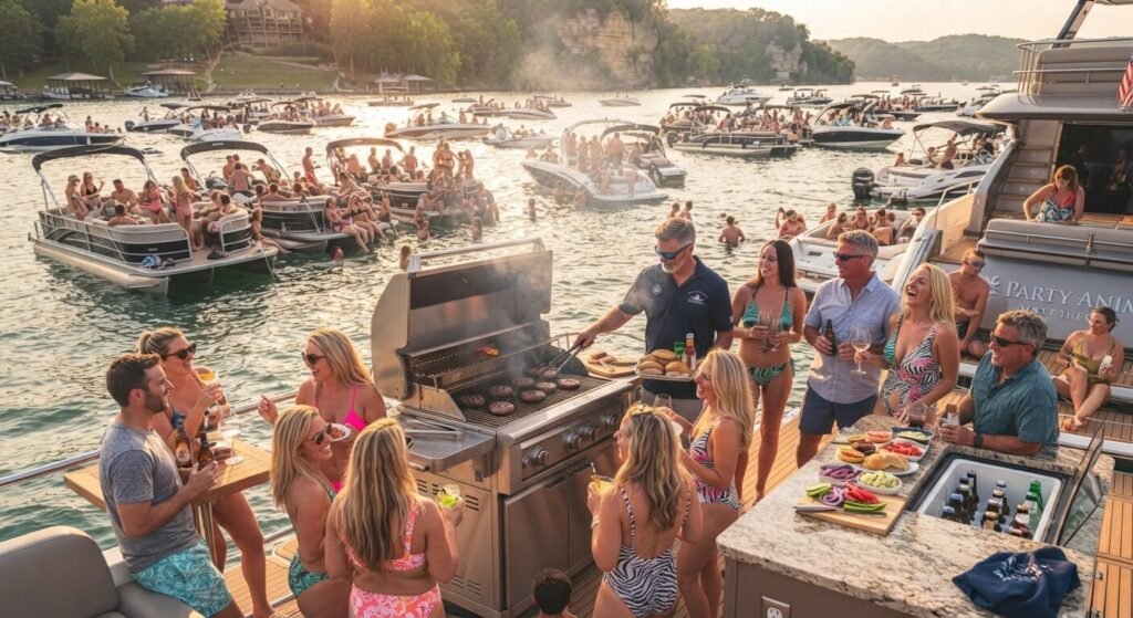 yacht anchored at Party Cove during bachelor party grilling cruise