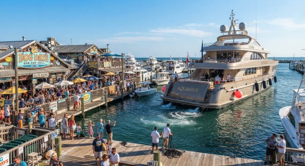 yacht approaching Dog Days Bar and Grill dock Lake Ozark