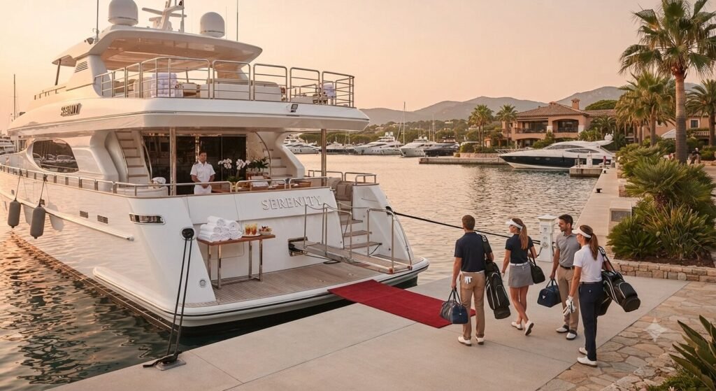 yacht charter departing marina after golf and boat combo day