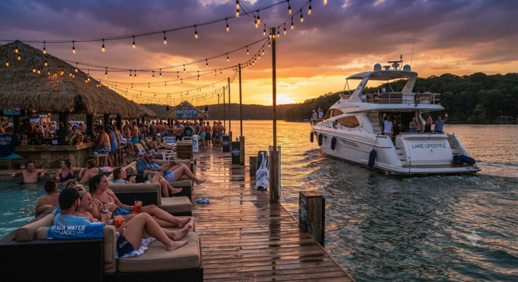 yacht departing pool bar at sunset on Lake of the Ozarks