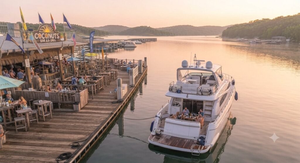 yacht docked at breakfast spot Lake of the Ozarks sunrise