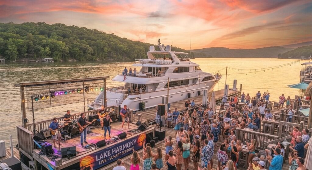 yacht docked at live music venue sunset Lake of the Ozarks