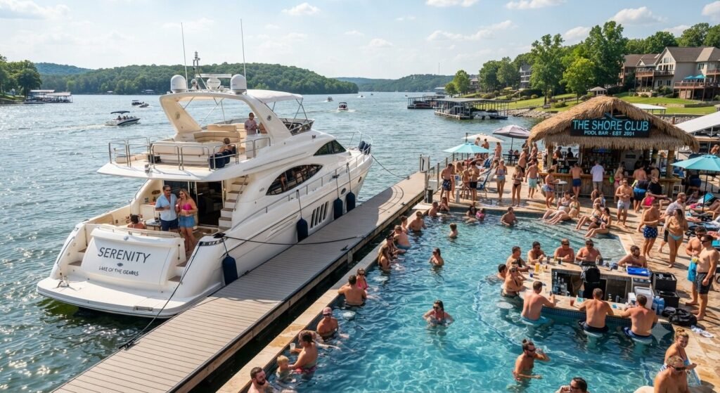 yacht pulled up to pool bar on Lake Ozark with swimmers enjoying the water