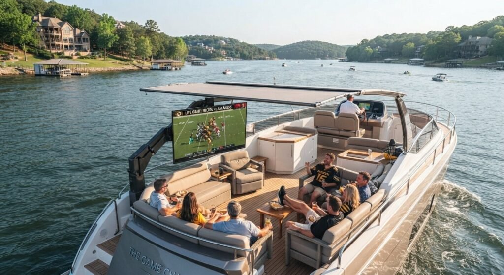 yacht with outdoor tv screen for watching sports at Lake of the Ozarks